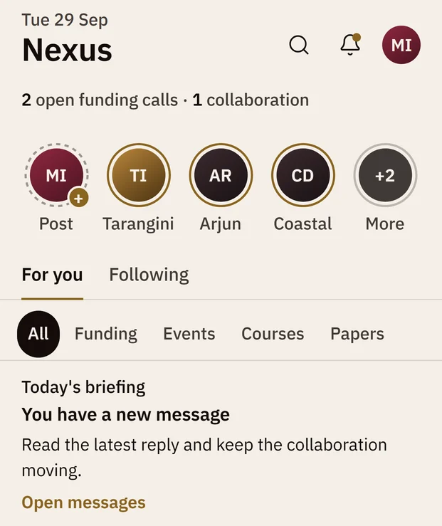 The GRN phone app's home: funding calls, your Circle and today's briefing