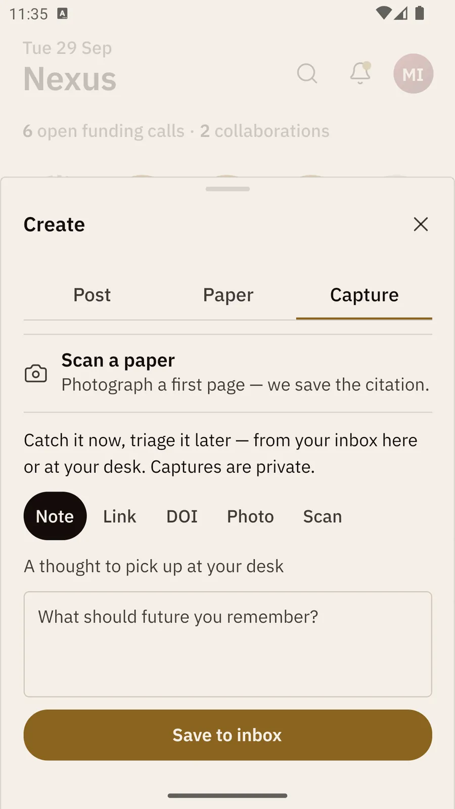 The create sheet on Capture with the kinds Note, Link, DOI, Photo and Scan, and Save to inbox.