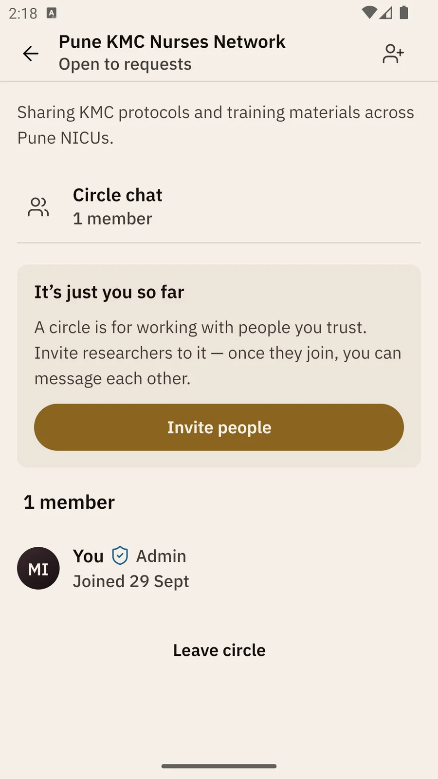 A new circle's page: Circle chat, It's just you so far with Invite people, the one member (you, Admin), and Leave circle.