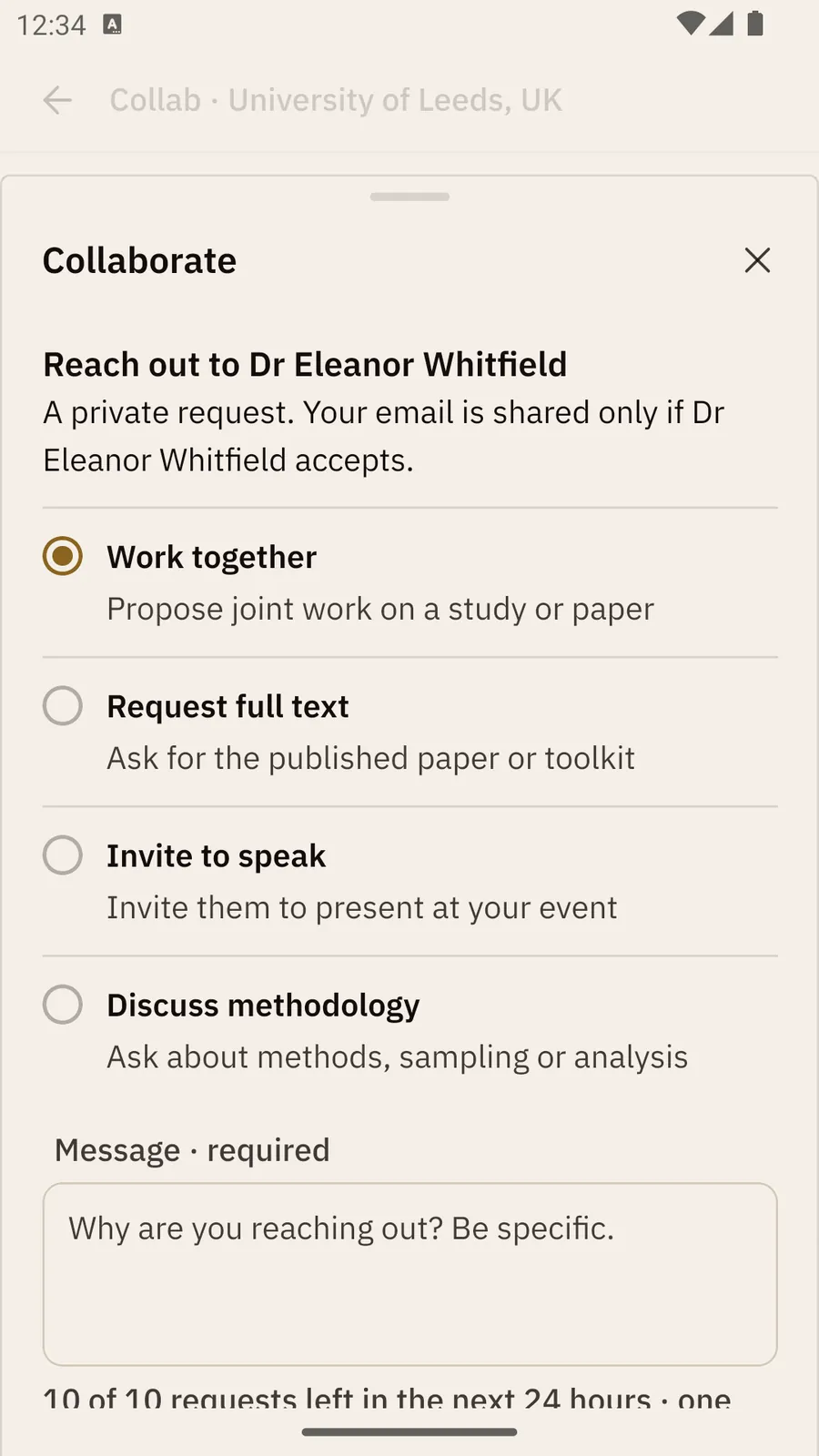 The Collaborate sheet: Reach out to Dr Eleanor Whitfield, the four reasons with Work together chosen, the Message · required box and the requests-left line.