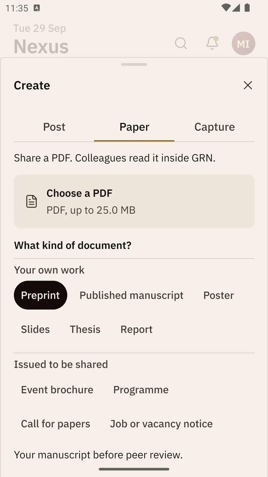The Create sheet on Paper: Choose a PDF (up to 25 MB), then What kind of document? with the Your own work and Issued to be shared kinds.