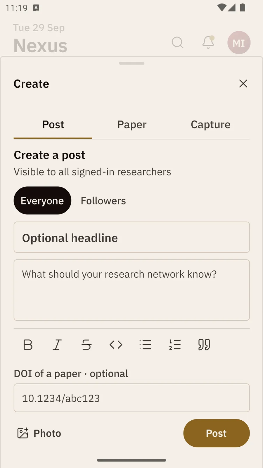 The Create sheet on Post: Everyone and Followers, an Optional headline box, the post box with formatting buttons, DOI of a paper, Photo and the Post button.