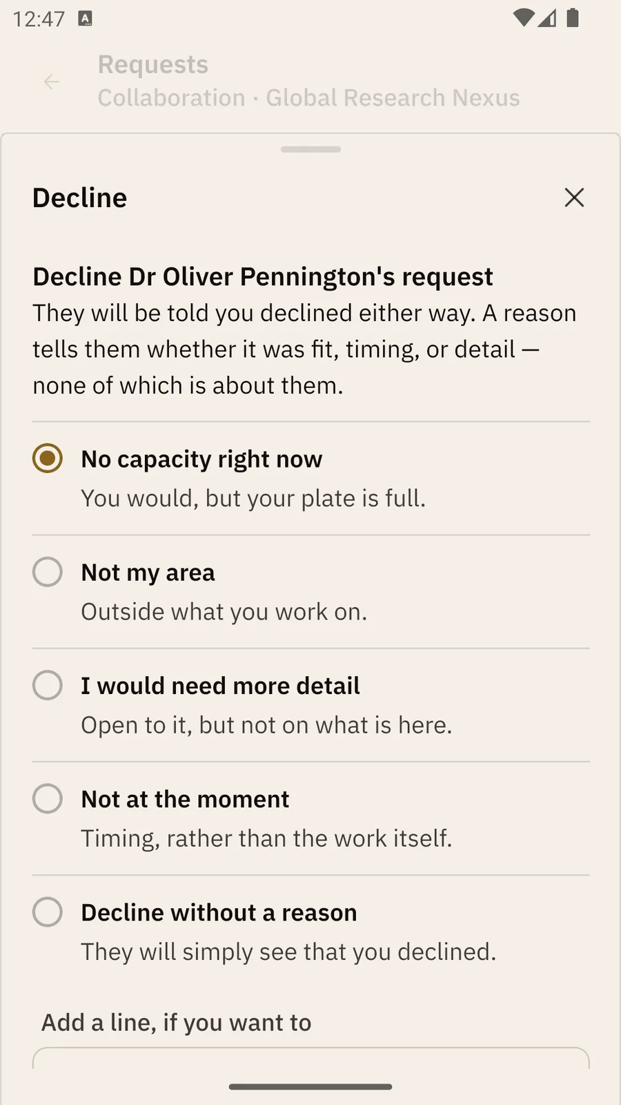 The Decline sheet: the five reasons with No capacity right now chosen, and Add a line, if you want to.