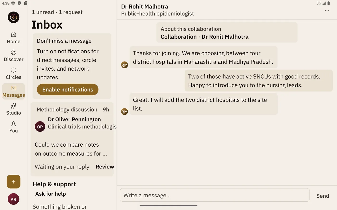 Tablet Messages. On the left, the Inbox with 1 unread · 1 request, the Don't miss a message panel, a collaboration request from Dr Oliver Pennington with Review, and Help & support. On the right, a conversation with Dr Rohit Malhotra with its About this collaboration card and a Write a message box with Send.