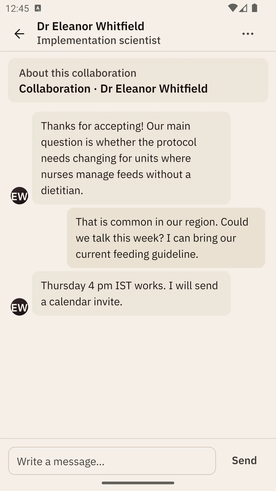An open conversation with Dr Eleanor Whitfield: the pinned About this collaboration card, three messages, and a Write a message box with Send.