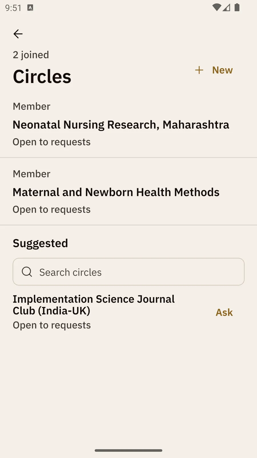 The Circles screen: 2 joined, two circles marked Member and Open to requests, a New button, then Suggested with a Search circles box and one circle with an Ask button.