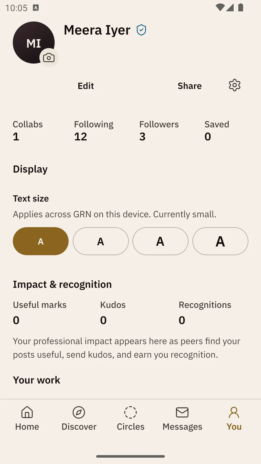 The Display section at Small: Text size, Applies across GRN on this device. Currently small, with the smallest A selected.