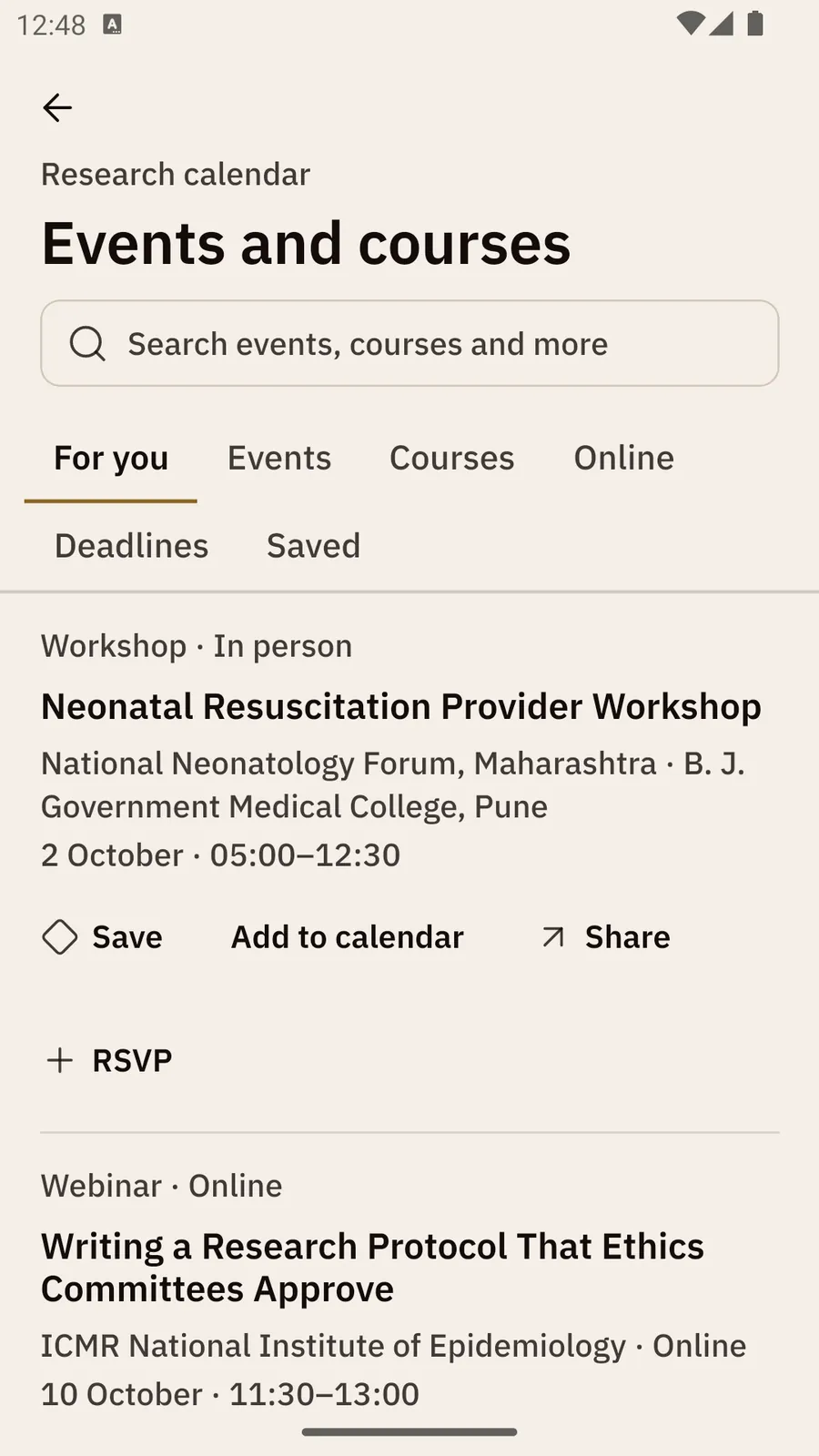 The Events and courses screen: a search box, the tabs For you, Events, Courses, Online, Deadlines and Saved on two rows, and a workshop and a webinar, each with Save, Add to calendar and Share, and RSVP on the workshop.