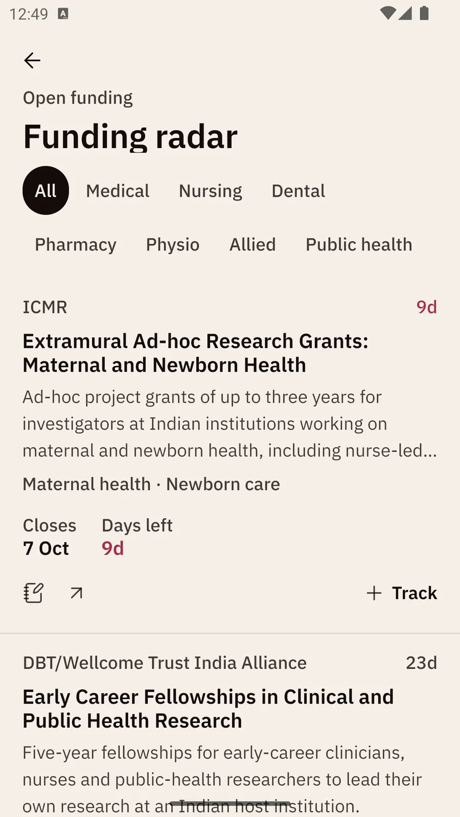 The Funding radar: profession pills from All to Public health on two rows, and two calls with funder, title, summary, themes, closing date and days left, each with a Track button.