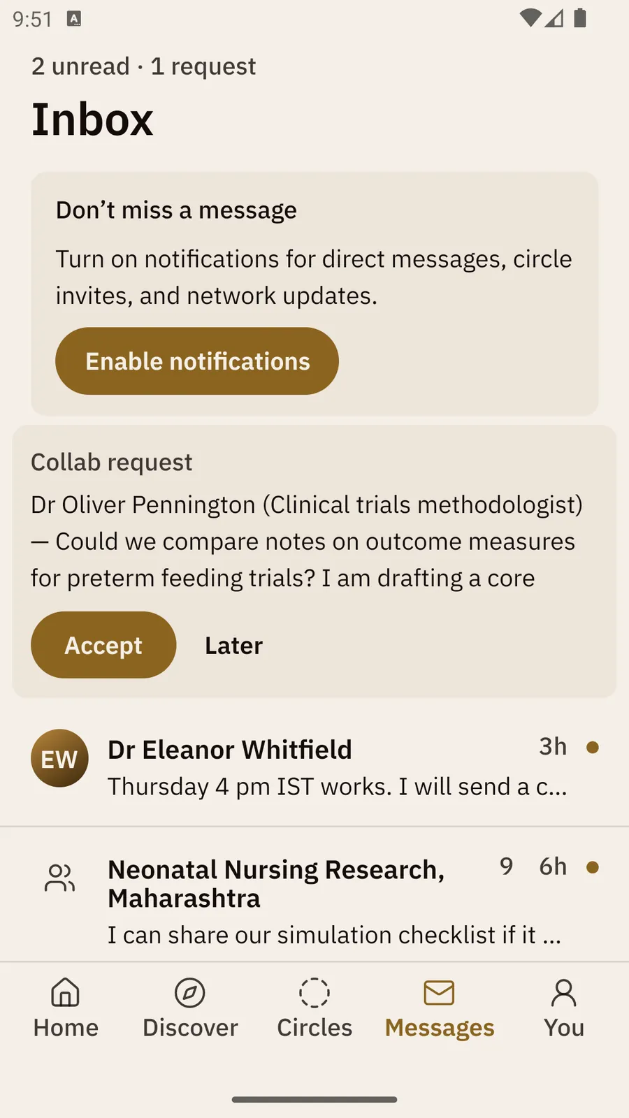 The Inbox: 2 unread · 1 request, a panel to enable notifications, a collaboration request from Dr Oliver Pennington with Accept and Later, then two conversations with gold unread dots.