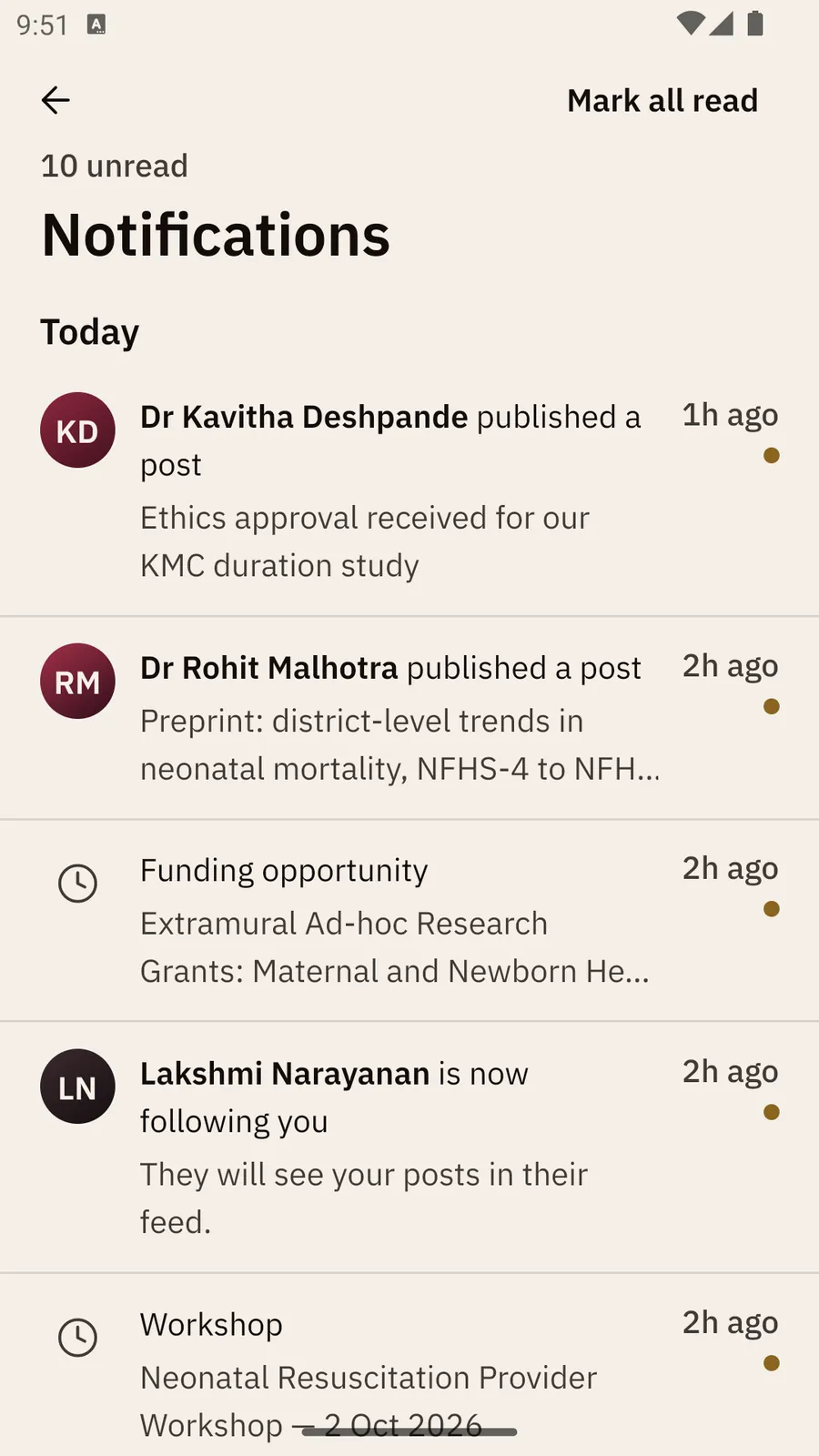 The Notifications screen: 10 unread, a Mark all read button, and under Today two new posts, a funding opportunity, a new follower and a workshop, each with a gold unread dot.