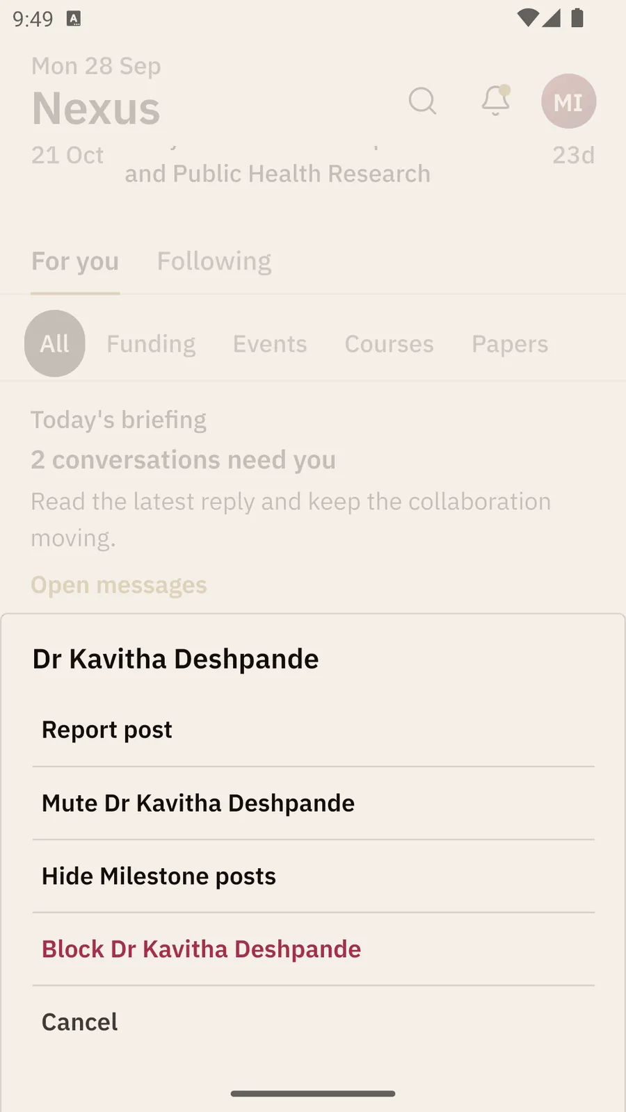 The ⋯ menu of a milestone post, open as a sheet at the bottom of Home, listing Report post, Mute, Hide Milestone posts, Block and Cancel.