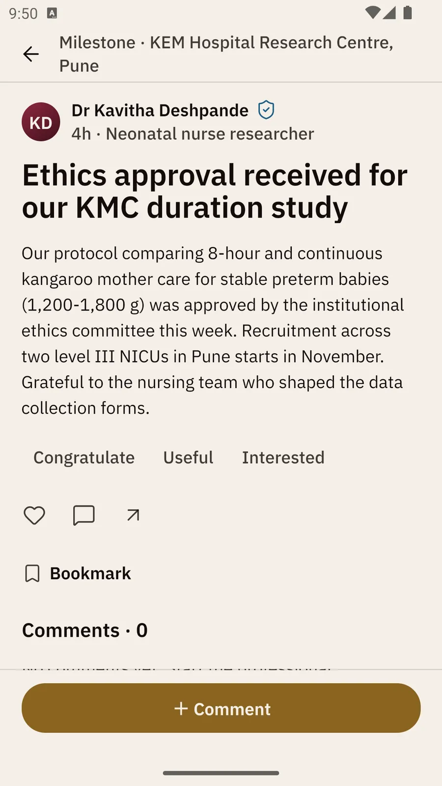An open milestone post from Dr Kavitha Deshpande about ethics approval for a kangaroo mother care study, with Congratulate, Useful and Interested, Like, Comment and Share, Bookmark, Comments · 0, and a Comment button.