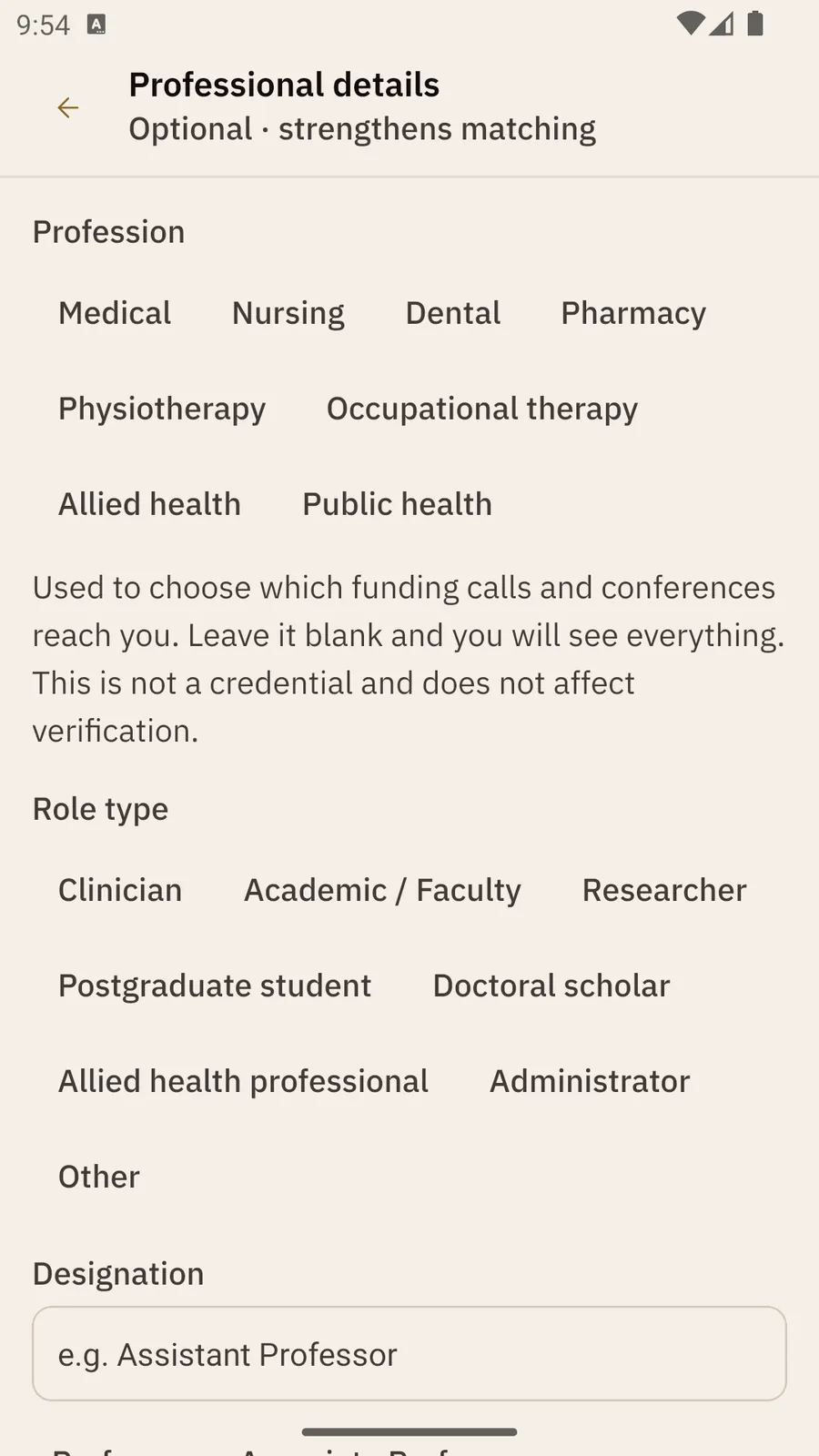 The Professional details form, marked Optional · strengthens matching, with profession and role type choices and a Designation box.
