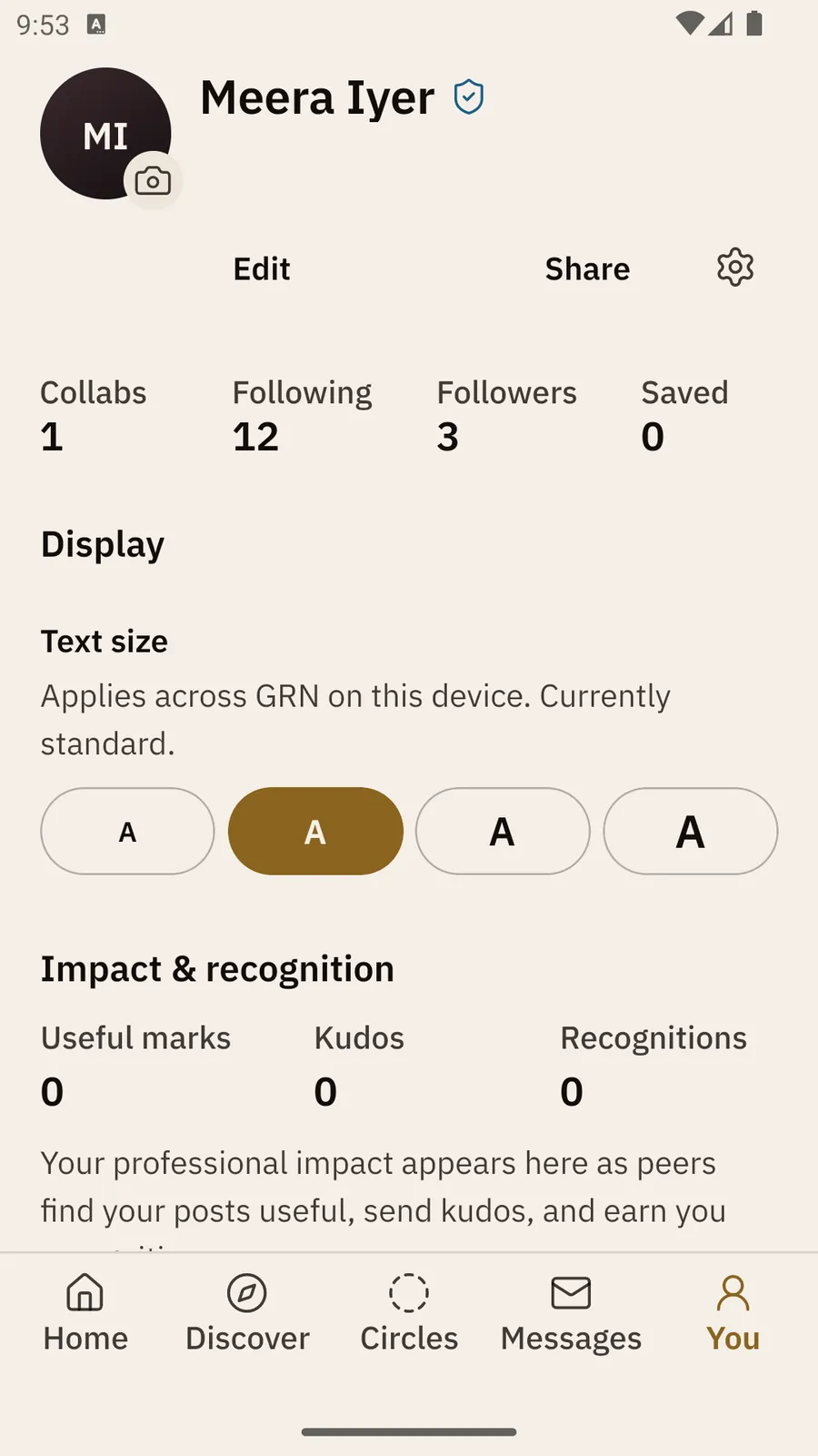 The You tab: the name Meera Iyer with a verified badge, Edit, Share and a settings gear, the counts Collabs, Following, Followers and Saved, the Display section with Text size, and Impact and recognition.