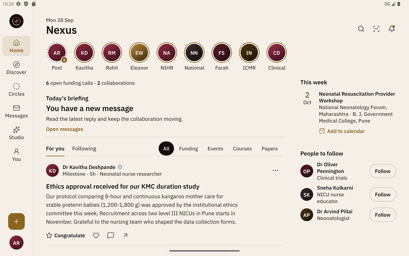 Tablet Home: the side rail with Home, Discover, Circles, Messages, Studio and You and a gold + button; the stories, the counts line, Today's briefing and a post in the middle; This week and People to follow on the right.