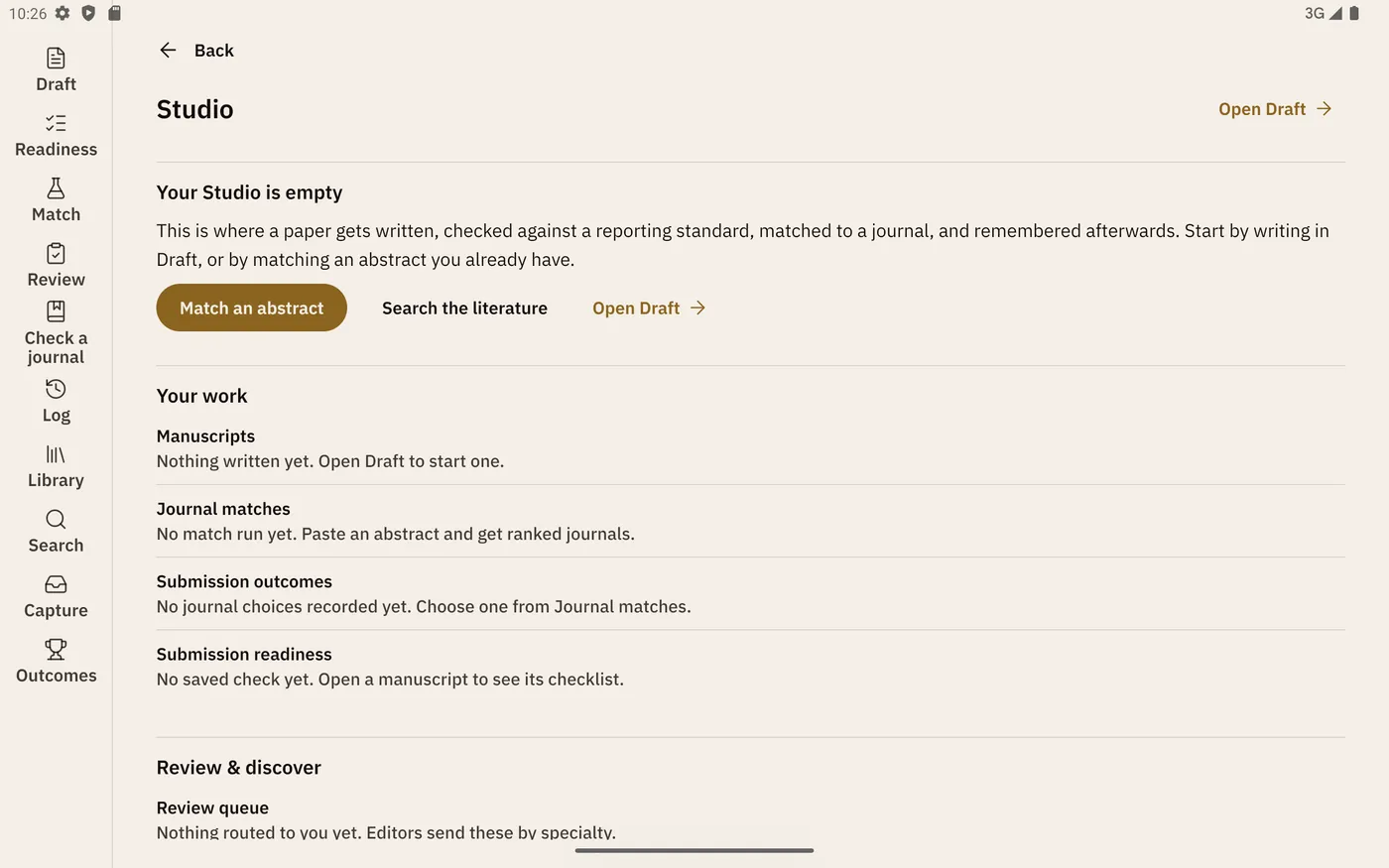 Tablet Studio with its own rail from Draft to Outcomes, showing Your Studio is empty, with Match an abstract, Search the literature and Open Draft.