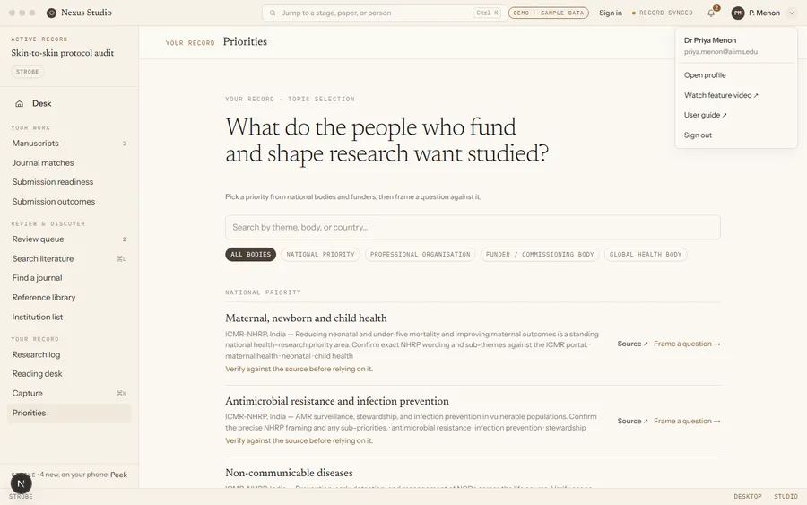 Account menu open, showing Open profile, Watch feature video, User guide, and Sign out.