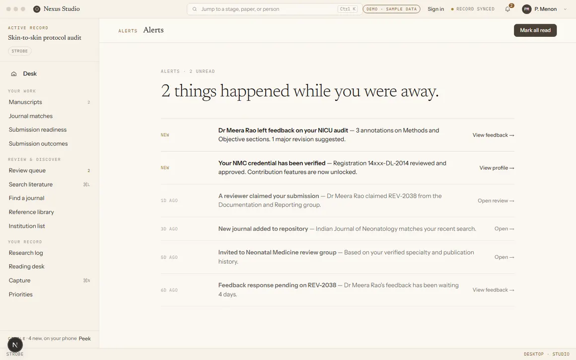 Alerts screen, reading: 2 things happened while you were away, listing feedback and a verified credential.