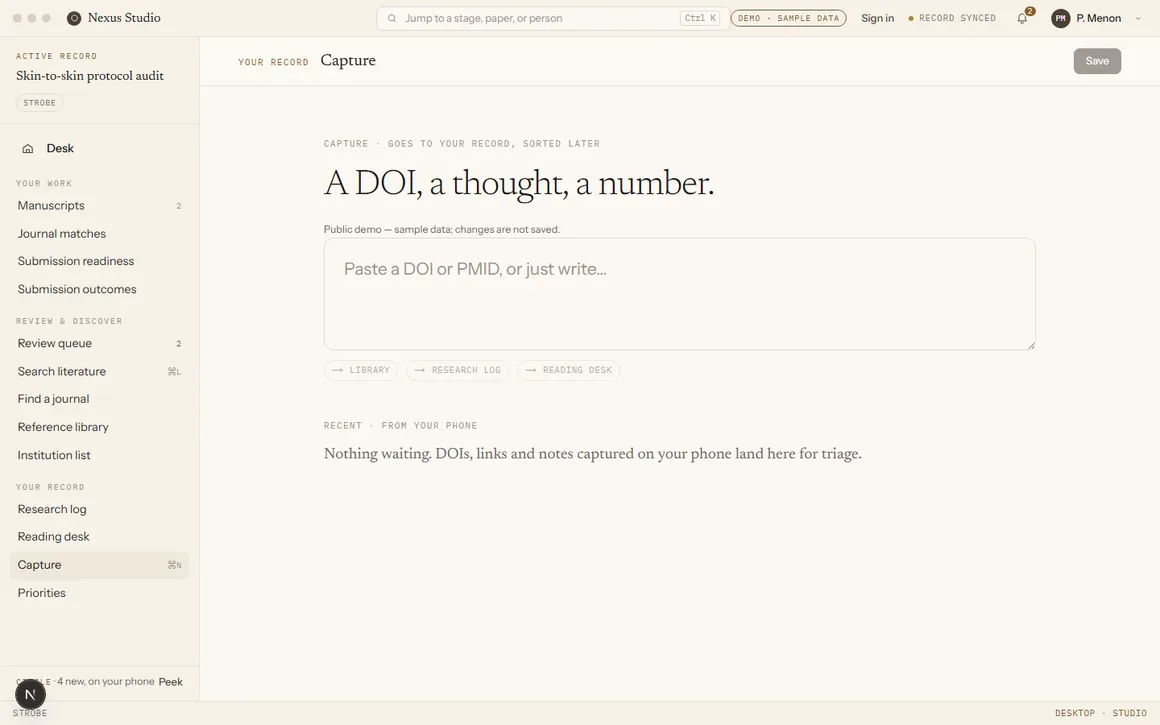 Capture screen, reading: A DOI, a thought, a number, with a quick-entry text box.