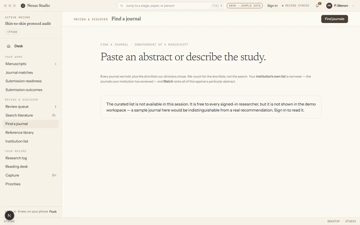 Check a journal screen, with a box to look up a journal by its name, ISSN or publisher, and a Check this journal button on each result.