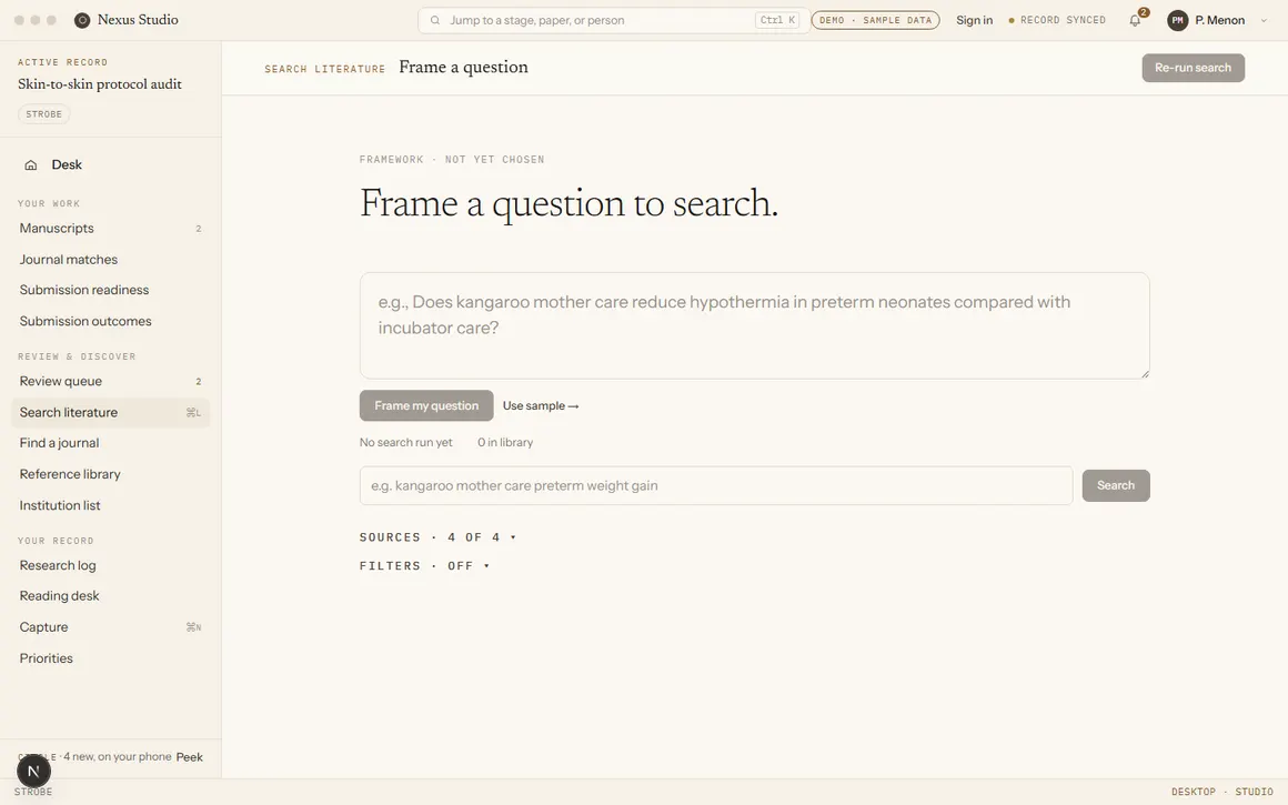 The question builder, reading: Frame a question to search, with an example prompt about kangaroo mother care.