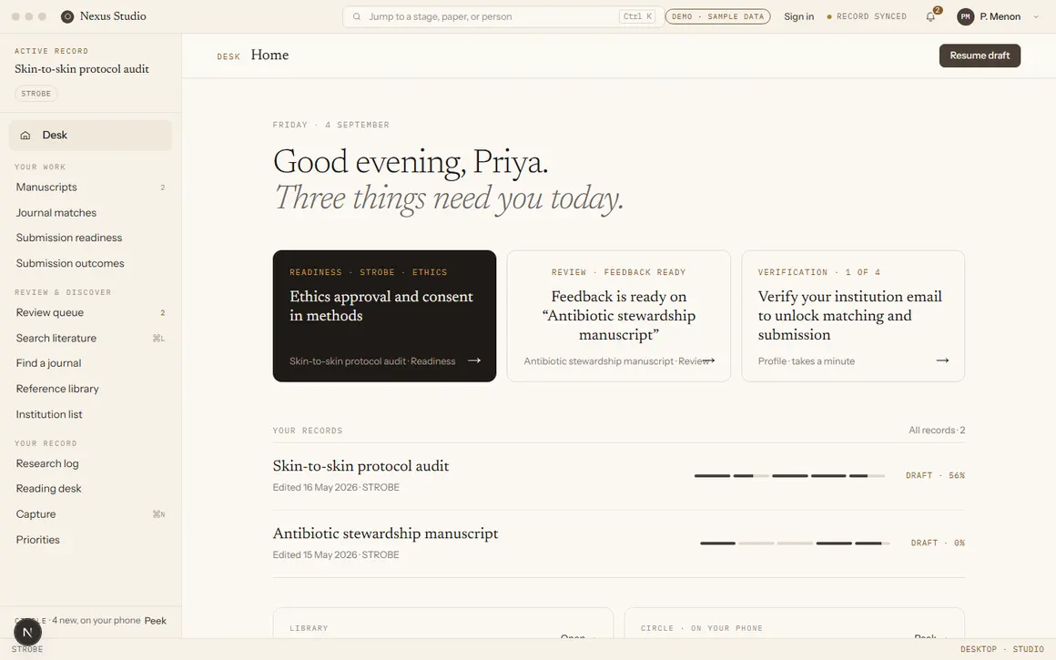 The Desk home screen, reading: Good evening, Priya. Three things need you today.