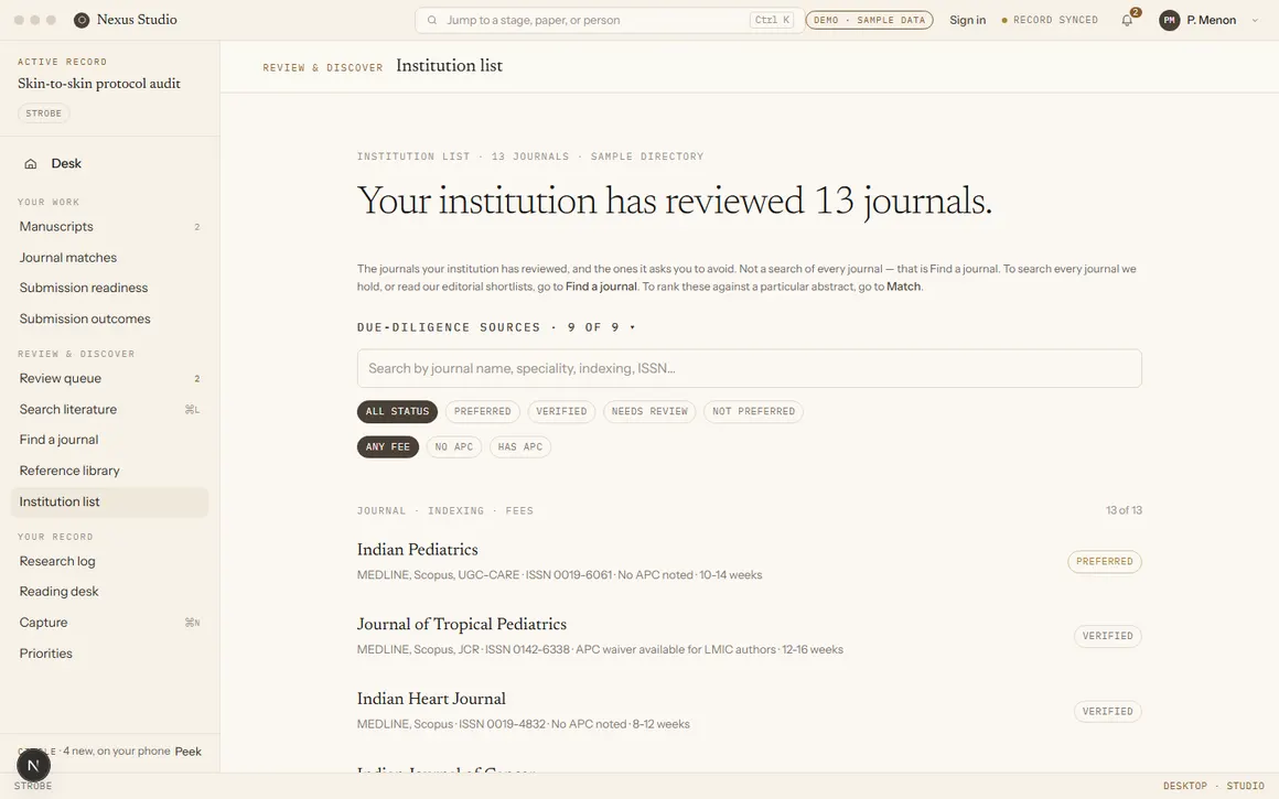 Institution list screen, reading: Your institution has reviewed 13 journals, with a table of journals showing indexing, fees, and a Preferred or Verified status tag for each.
