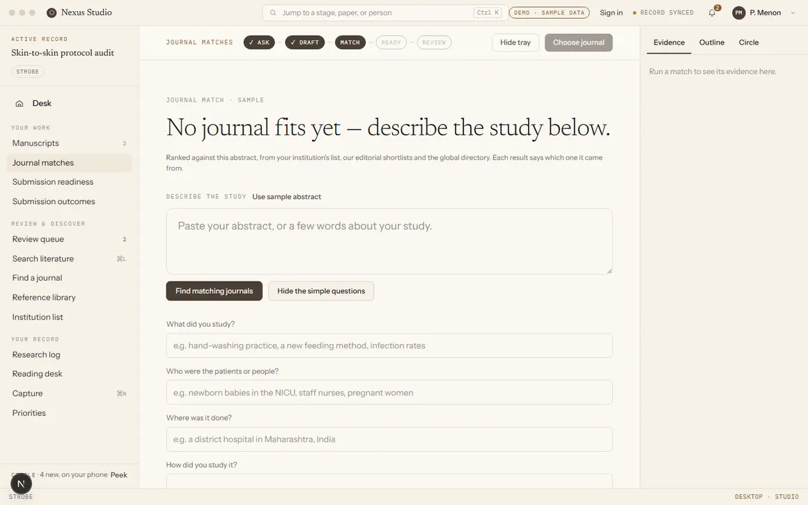 Journal match screen in guided mode, showing four simple questions: what did you study, who were the patients, where was it done, how did you study it.