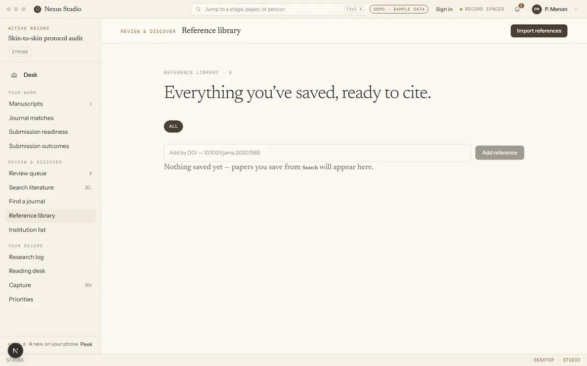 Reference library screen, reading: Everything you've saved, ready to cite, with an add-by-DOI box.