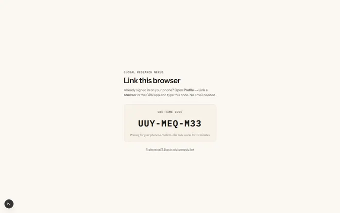 Link this browser screen showing a one-time code, AWL-757-UEU, waiting for phone confirmation.