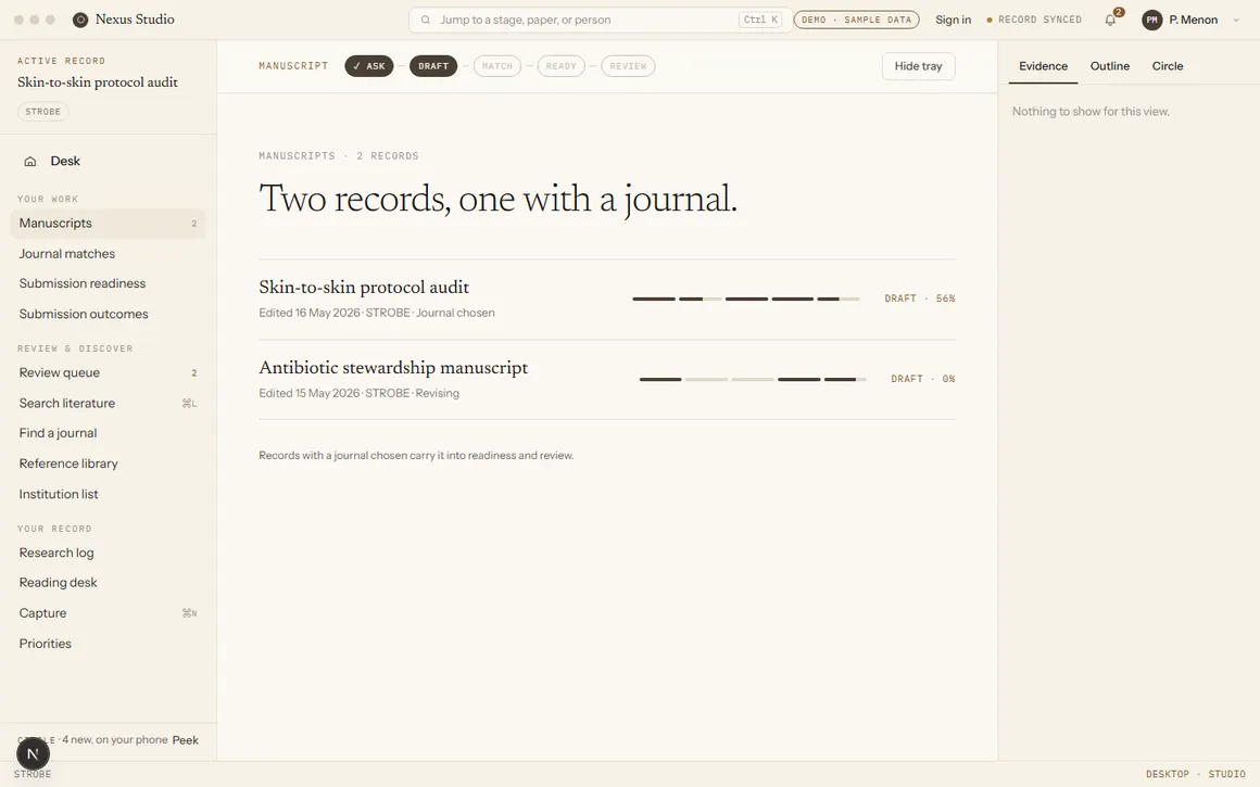 Manuscripts list showing two records: Skin-to-skin protocol audit at 56 percent draft with a journal chosen, and Antibiotic stewardship manuscript at 0 percent, revising.