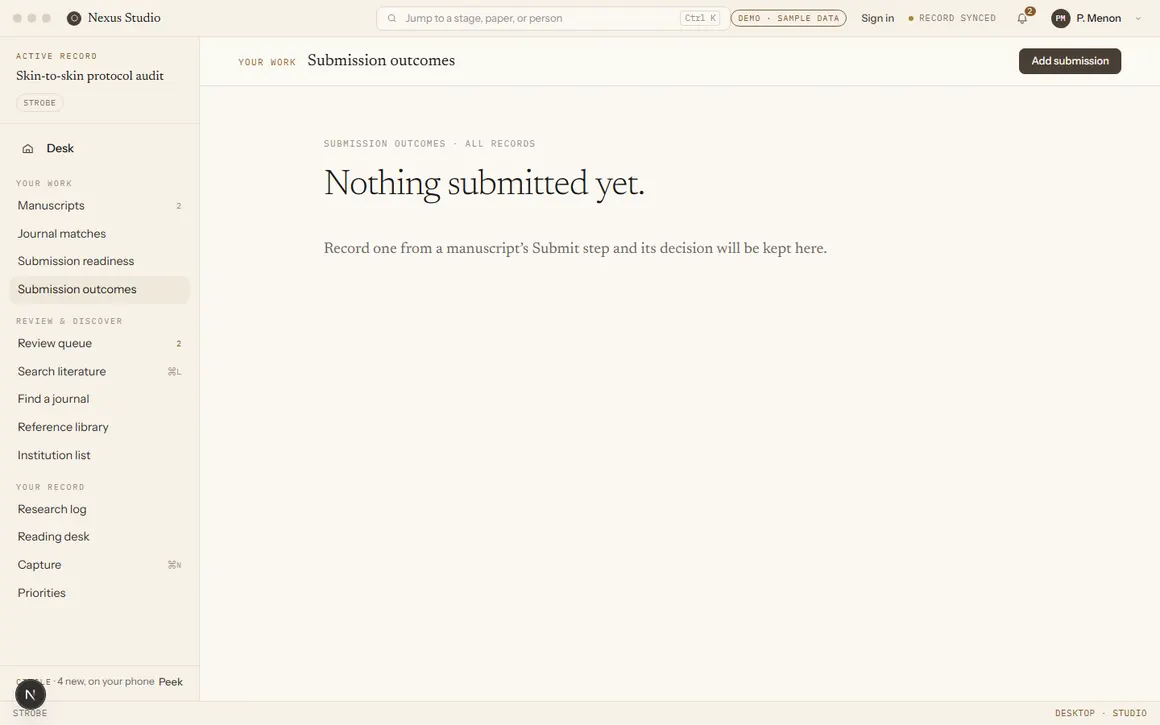 Submission outcomes screen, currently empty, reading: Nothing submitted yet. Record one from a manuscript's Submit step and its decision will be kept here.