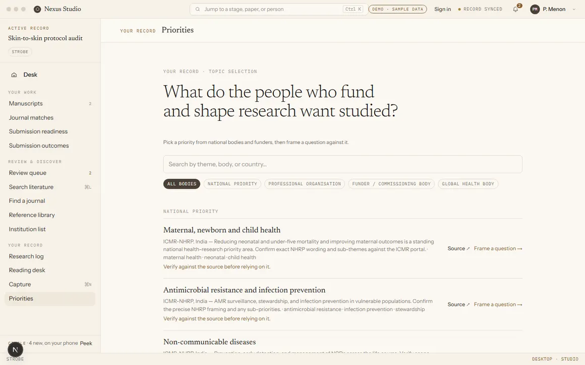 Priorities screen, reading: What do the people who fund and shape research want studied, listing national priorities like maternal, newborn and child health.