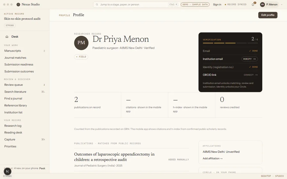 Profile screen showing a verification ladder at 2 of 4 steps complete: email done, institution email pending, identity done, ORCID not yet connected.