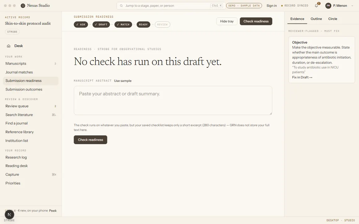 The Checks page showing a reporting checklist row with items found in the manuscript's own text.