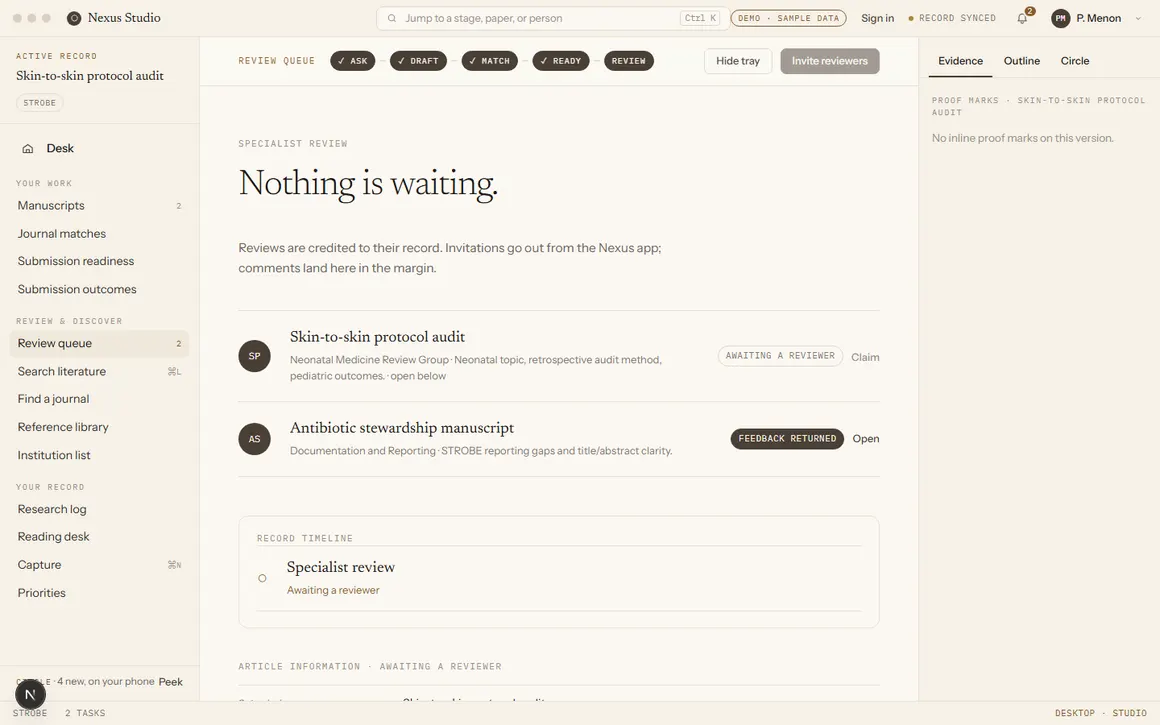 Review queue screen showing two manuscripts: one awaiting a reviewer with a Claim link, one with feedback returned.