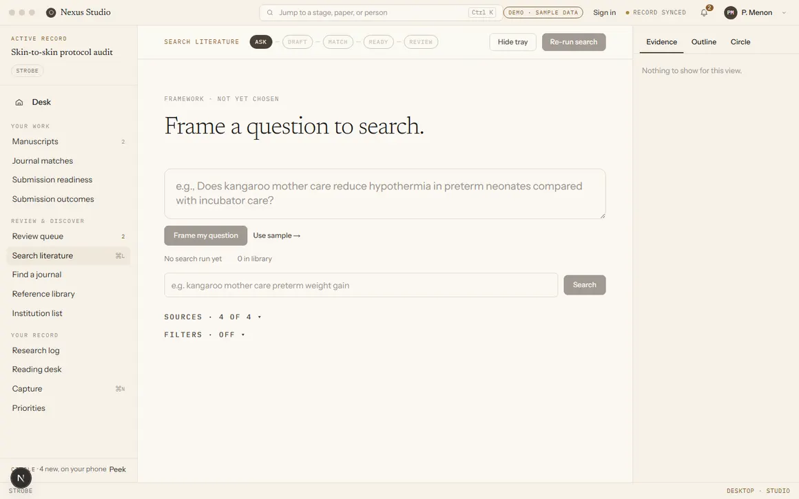 Search literature screen, with a text box to frame a question and a search box below it, the default sources selected.
