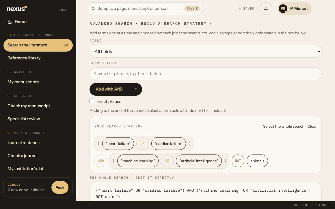 The search strategy builder: Field and Search term, an Add with AND button, and the strategy shown as two bracketed OR groups joined by AND, with NOT animals, above the whole search as editable text.