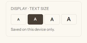 The Display card on the Profile page, with four A buttons from small to large; the Standard button is selected.