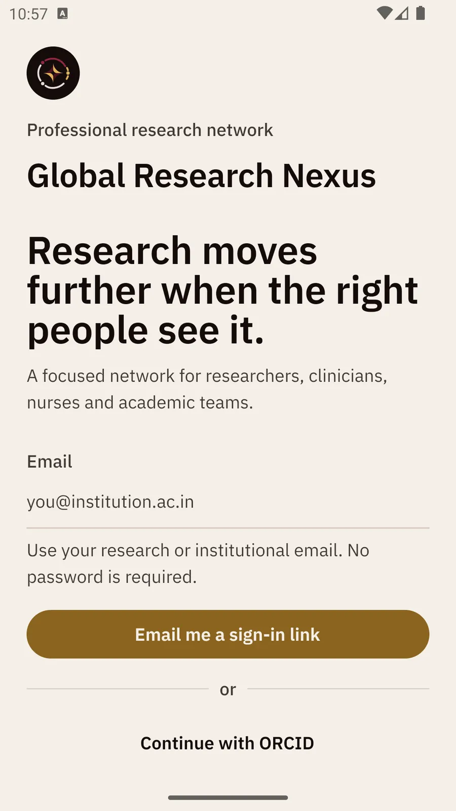 GRN's sign-in screen, reading: Research moves further when the right people see it.